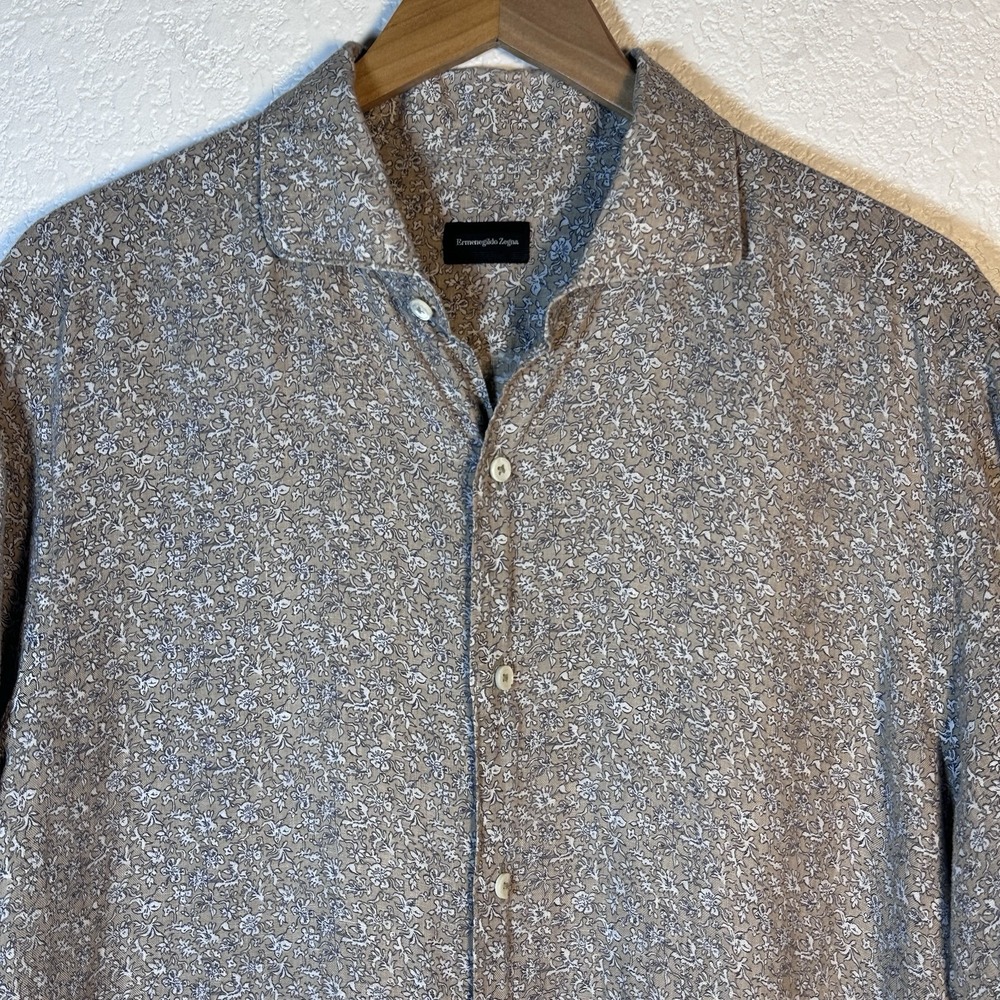 Ermenegildo Zegna 100% Linen Beige Floral Short Sleeve Button Up Shirt XL